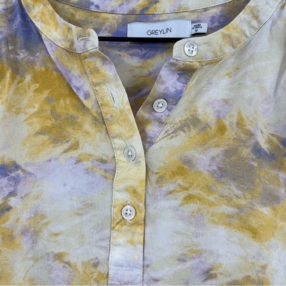 Greylin Yellow Abstract Rayon Top Size M Boxy Henley Cuff Sleeve - Picture 2 of 6